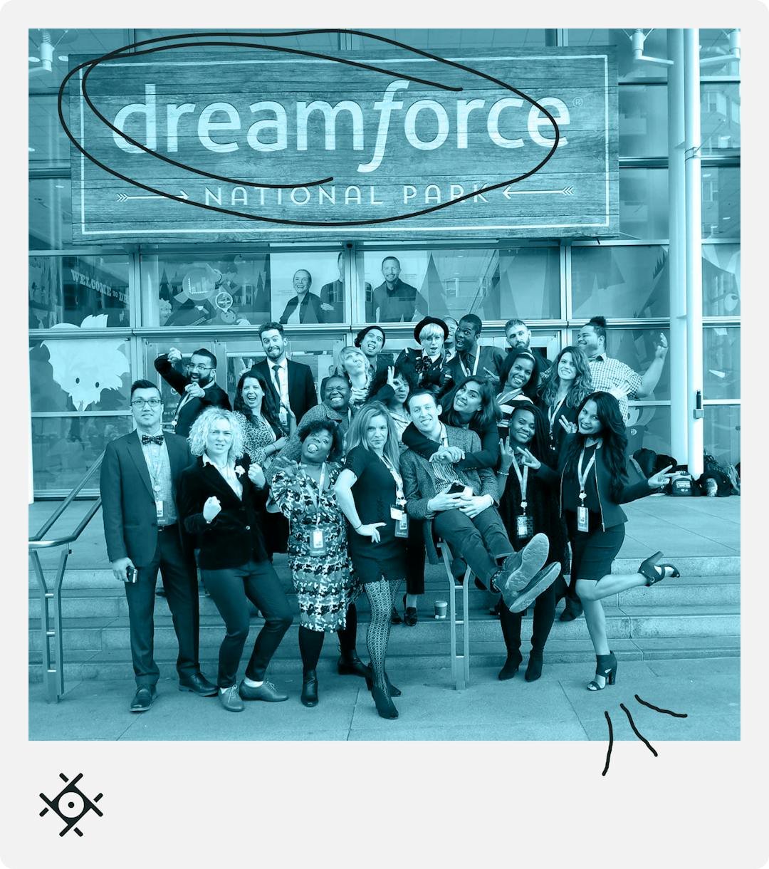 Polaroid-style photo of the Dreamforce event team